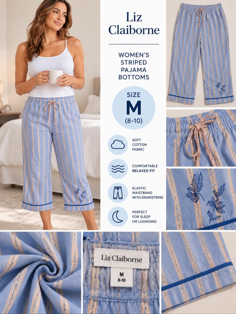 Liz Claiborne Women's medium blue orange striped pajama bottoms #37